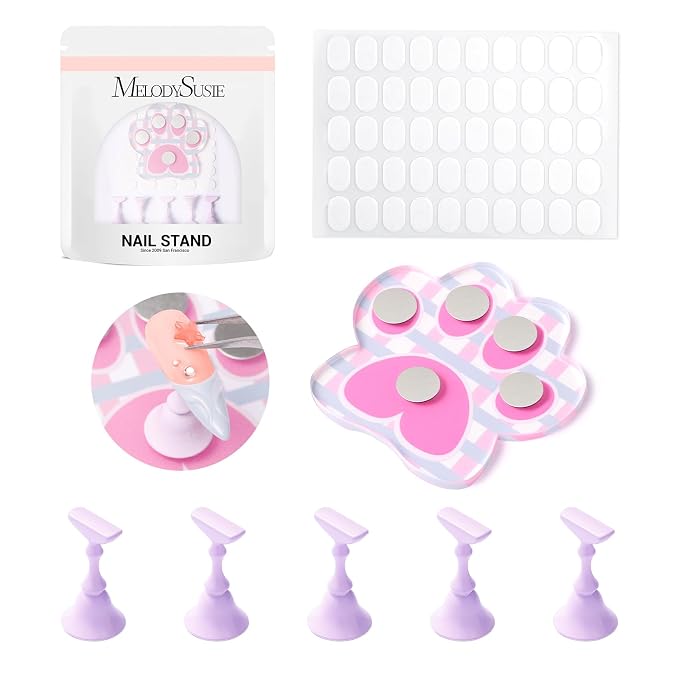 MelodySusie Update Nail Stand for Press Ons, Cute Cat Claw Magnetic Base for Painting Display Holder with Reusable Double-Sided Tape for Home DIY Salon Supplies, Rose Pink