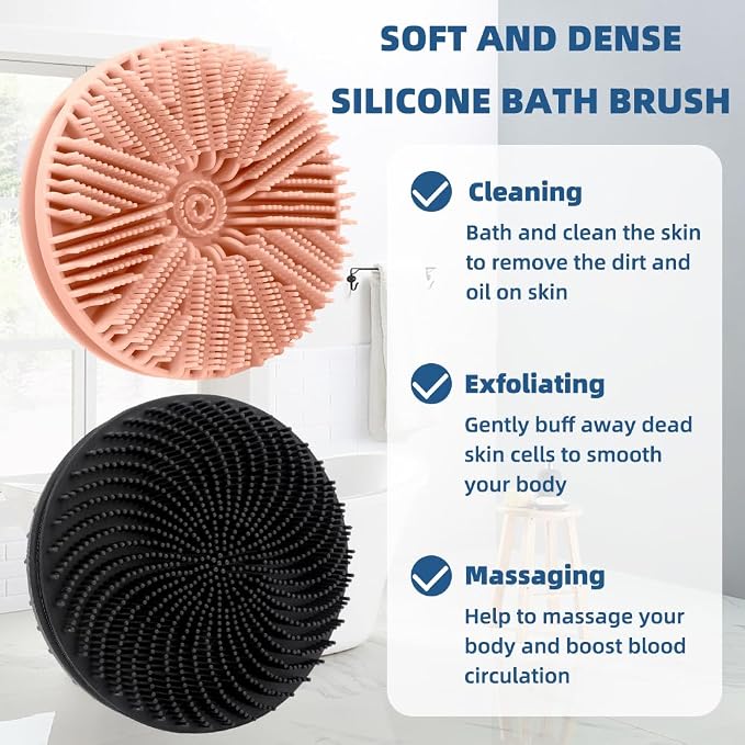 Silicone Body Scrubber, 2pcs Dual-Sided Silicone Loofah 2-in-1 Silicones Shower Scrubbers Exfoliating Body Scrubber for Women Men Soft Silicones Bath Shower Brush for All Skin Lather Well (Pink&Black)