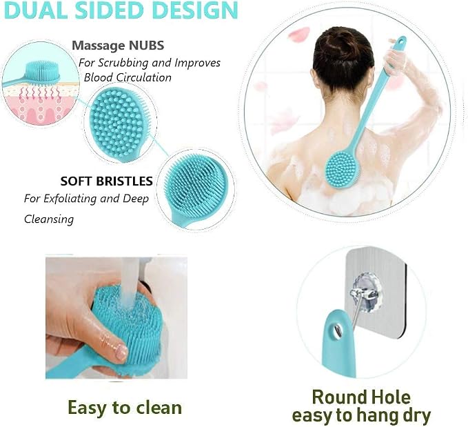 Long Handle Silicone Body Scrubber for Shower, Dual-Sided Back Scrubber Brush with Soft Bristles&Massage Nodes, Exfoliating Bath Brush for Hard to Reach Areas, Easy to Clean & Quick Dry, for Daily Use