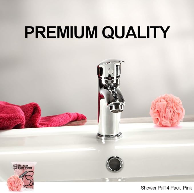 Bath Loofah Sponge for Shower Body Scrubber for Women Men 4-Pack Pink | 10X Suds Save Body Wash Double Knotted Anti Tear Core Fast Dry Cotton Loop Stay Fresh Large Mesh for Sensitive Skin