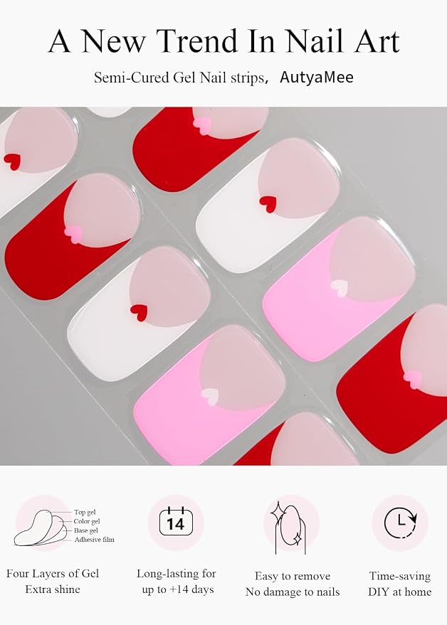 Semi Cured Gel Nail Strips (Matte Heart French), Valentine's Day French, 20 Pcs Gel Nail Wraps, Stickers, Works with Any UV Lamps