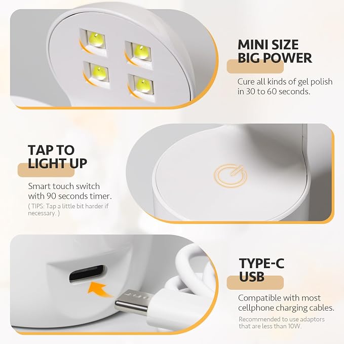 GAOY Mini UV Light for Gel Nails, Small LED Nail Lamp, Fast Curing, White | Portable Travel Manicure, Perfect for Nail Tips & Quick Repairs, DIY Nail Art, USB-C Powered