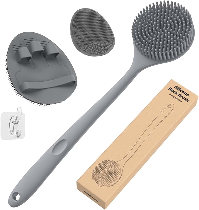 Manmihealth Silicone Body Scrubber & Face Brush Set Thick Bristles Gray | 3PCS Super-Exfoliating & Lathering Back Scrubber, Shower Brush, Face Scrubber Combination, with a Free Hook