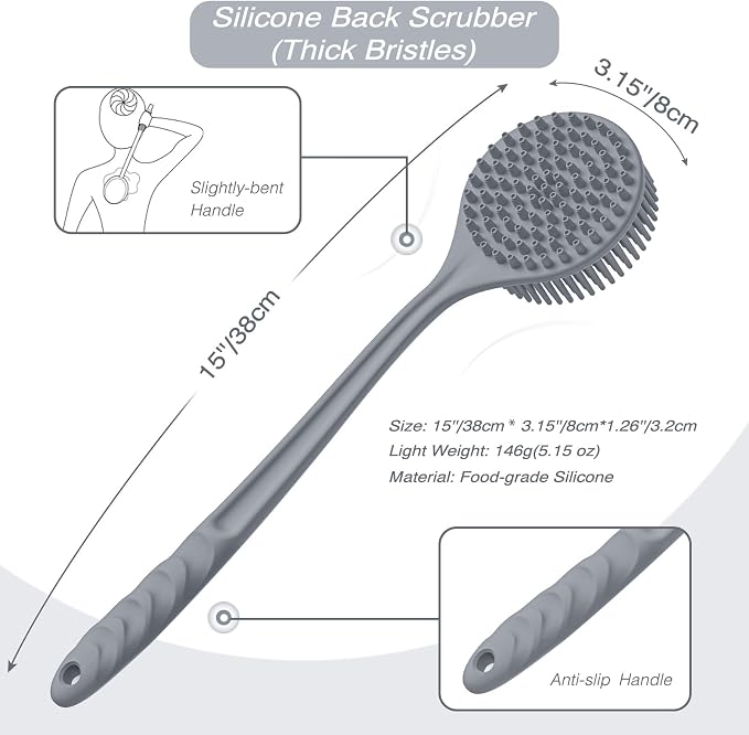 Manmihealth Silicone Back Scrubber & Soft Bath Glove Set 2PCS Gray | Super-Exfoliating Body Scrubber & Super-Lathering Shower Brush Combination, Thick Bristles, with a Free Hook