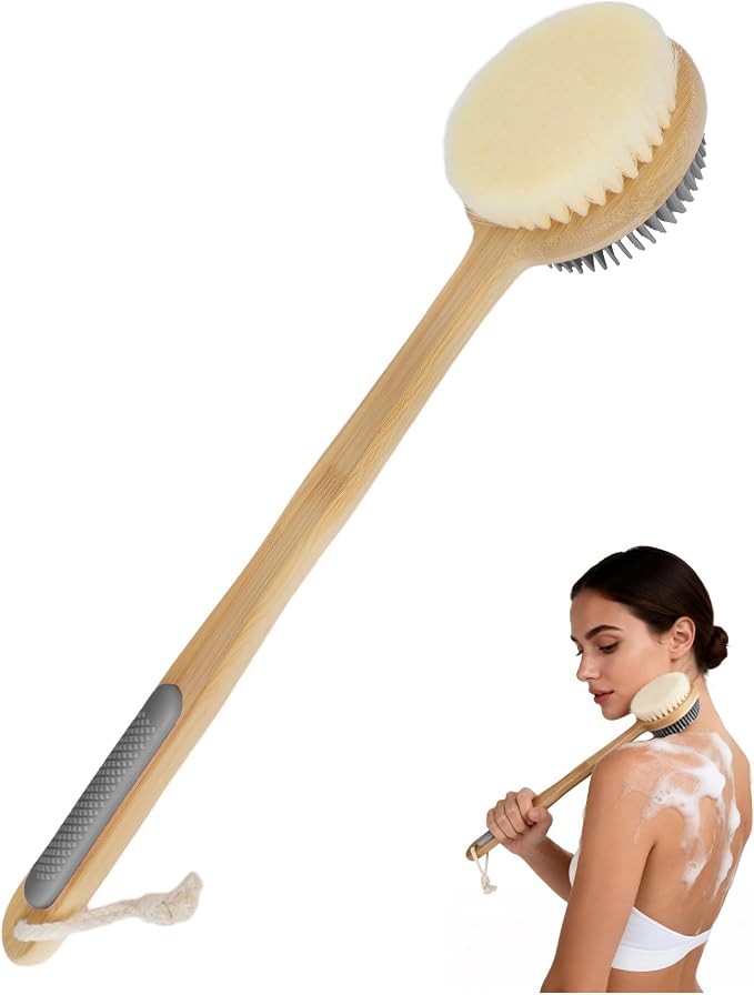 Back Scrubber for Shower - Double-Sided Silicone and Super-Dense Bristles for Deep Cleaning & Exfoliation, Bamboo Long Handle with Wider Anti-Slip Grip, Rich Foam, Durable (Grey)