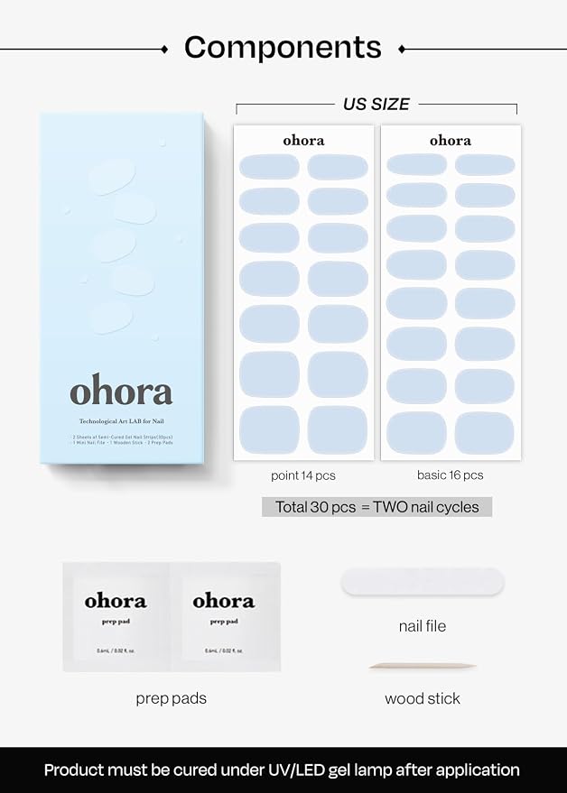 ohora Semi Cured Gel Nail Strips (N Greyish Blue) - Works with Any Lamps, Salon-Quality, Long Lasting, Easy to Apply & Remove - Includes 2 Prep Pads, Nail File & Wooden Stick