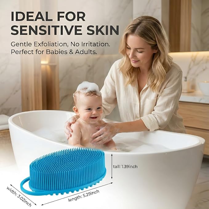 Silicone Body Scrubber, Exfoliating Loofah Alternative for Women Men, Soft Silicone Body Shower, 2 in 1 Bath and Shampoo Brush for Sensitive Skin, Back,Showering,Brush Exfoliator (Blue)
