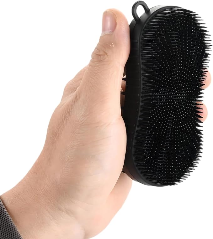 Silicone Body Scrubber, Double Sided Exfoliating Brush with Soft Flexible Bristles, Scalp Massage and Shampoo Tool with Hanger Loop (Black)