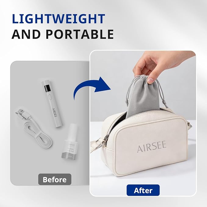 AIRSEE Mini Handheld UV LAMP for Nails with Storage Bag & Display,White | 2 Timers for Fast Cure All Soft Gels, Especially Rhinestone Glue and Gel Nail Strips at Home,Travel