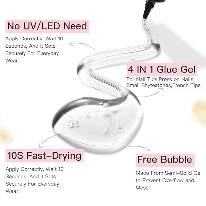 Curvlife 15g Semi-Solid Glue Gel and 20ml Pinpoint Glue Remover Kit for Press on Nails, Quick Dry No UV Lamp Needed with Gentle Non-Acetone Remover For Fake Nail Tips