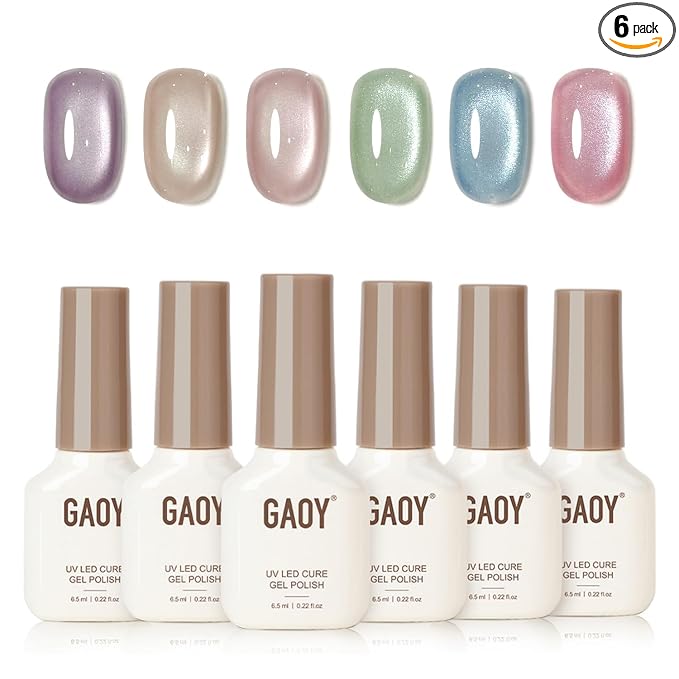GAOY Glass Cat Eye Gel Nail Polish Set 6 Colors with Magnet, Summer Whisper | Pastel Icy Sheer Crystal Clear Holographic, Holiday Beach Nail Art, UV Lamp Required, Salon Gel Manicure Pedicure