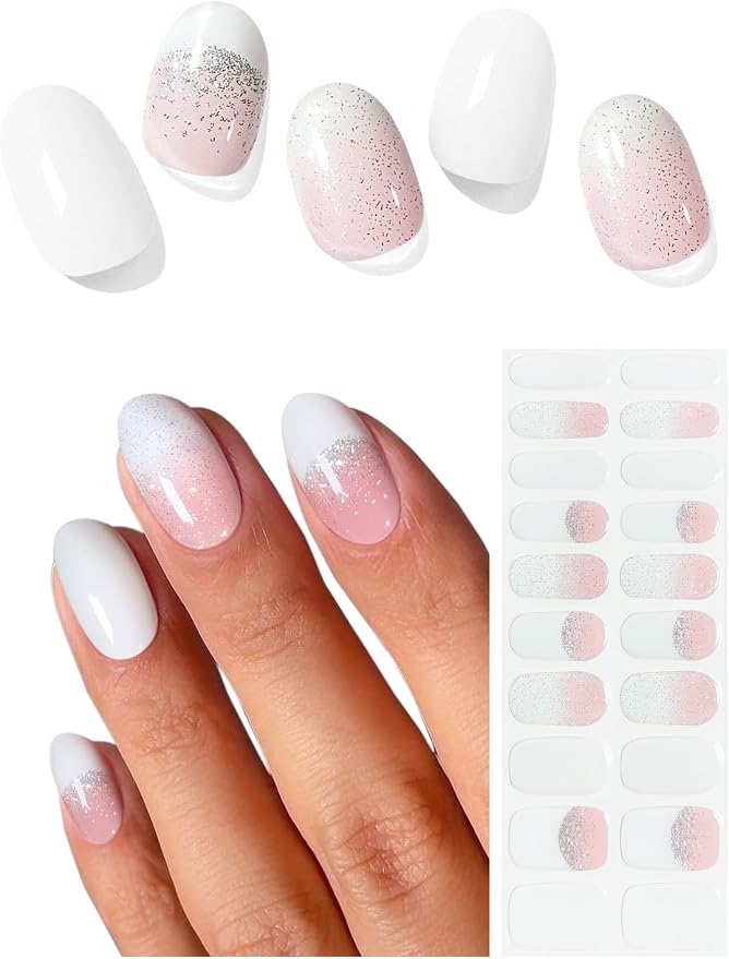 Semi Cured Gel Nail Strips (White Glitter), French, 20 Pcs Gel Nail Wraps, Stickers, Salon Quality, Works with Any UV Lamps