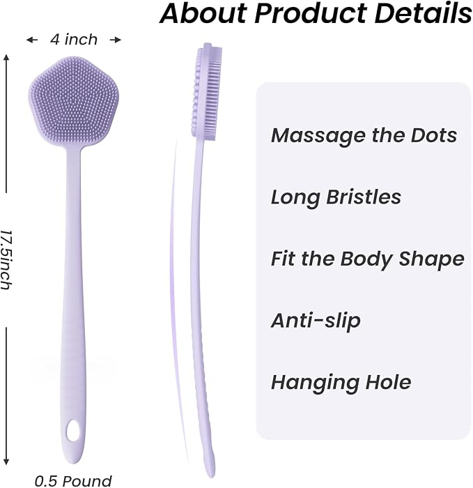 Redfly Silicone Back Scrubber for Shower Brush, 17 inch Long Handled Silicone Body Scrubber for Men & Women, Double Sided Shower Scrubber for Body Brush Exfoliator and Massage, Purple