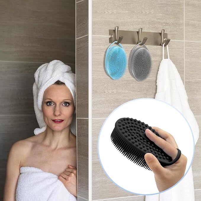 PQRUU 3 Pack Silicone Body Scrubbers for Use in Shower, Exfoliating Body Scrubber Fit for All Kinds of Skin, Soft Silicone Loofah for Women Men,Bath Scrubbers Rapid Foaming,Black,Blue,Gray