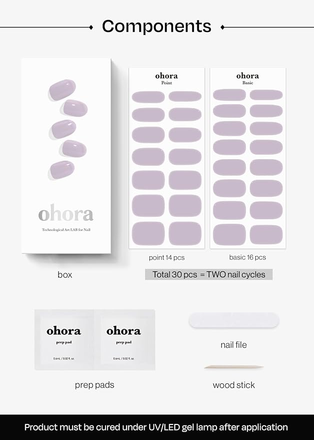 ohora Semi Cured Gel Nail Strips (N Cream Lavender) - Purple, Solid, Works with Any UV/LED Lamps, Salon-Quality, Long Lasting, Easy to Apply & Remove - Includes 2 Prep Pads, Nail File & Wooden Stick