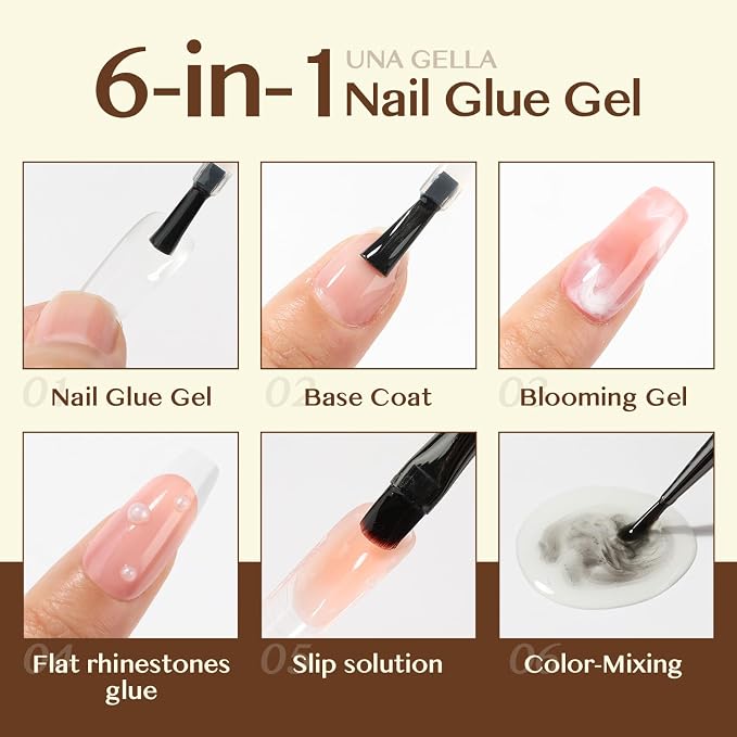 UNA GELLA 6 in 1 Gel Nail Glue for Clear Acrylic Nails Tips 2Pcs 15ml | Super Strong Brush U V Nail Glue Long Lasting Lamp Curing Required for Fake Nails Tips