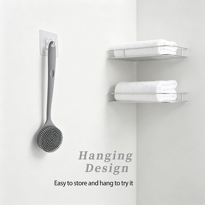 Silicone Back Scrubber for Shower, 17in Lengthen Long Handle Body Brush, Double Sided Shower Brush for Shower Exfoliating and Massage,Includes 2 Hooks(Grey)