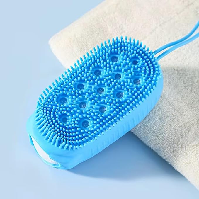 Silicone Body Scrubber Shower Exfoliating Scrub Sponge Bubble Bath Brush Massager Skin Cleaner Cleaning Pad Bathroom Accessories (Blue)