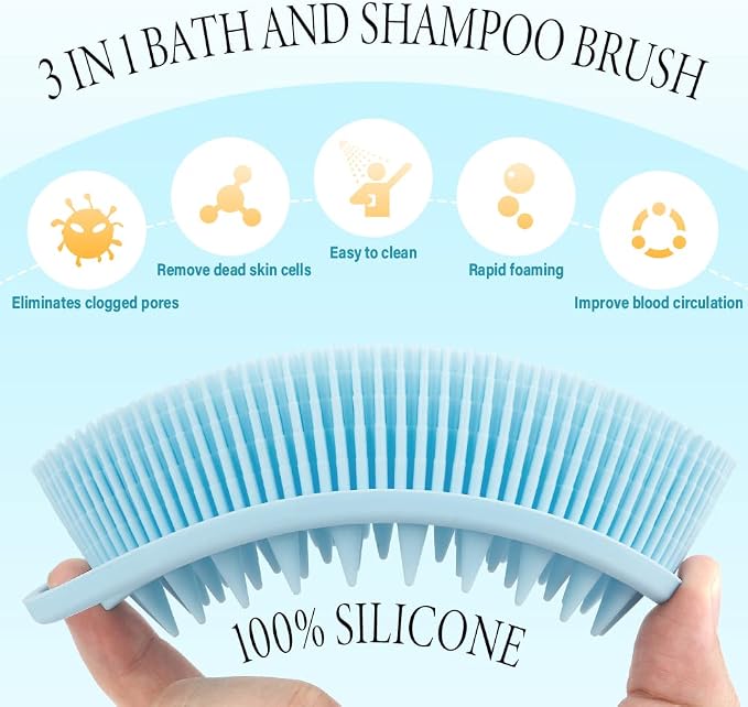 2 in 1 Silicone Body Scrubber Shampoo Brush, Shower Body Scrubber, Silicone Bath Scrubber,Exfoliating Body Scrubber, Scalp Massager, Silicone Loofah Body Scrubber,Rapid Foaming-3 Pack Black,Blue,Pink