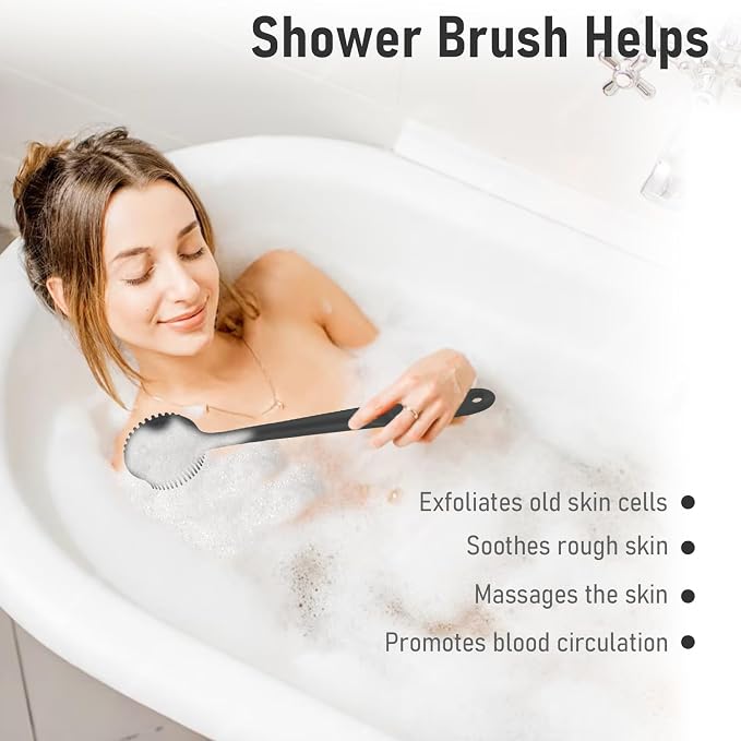 KXF Silicone Back Scrubber for Shower Bath Body Brush with Long Handle Double Sided Exfoliating Shower Brush with a Hook and a Lanyard