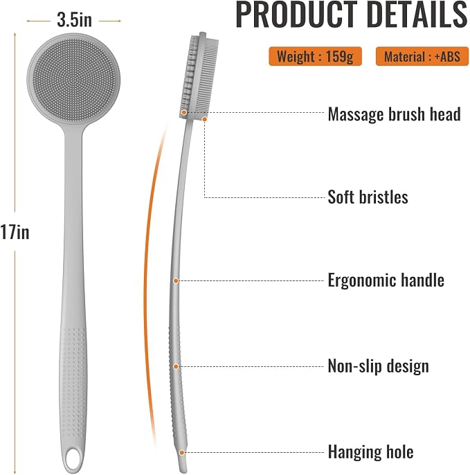 Silicone Back Scrubber for Shower, 17in Lengthen Long Handle Body Brush, Double Sided Shower Brush for Shower Exfoliating and Massage Can Produce Rich Foam, Long Handle Back Scrubber for Men