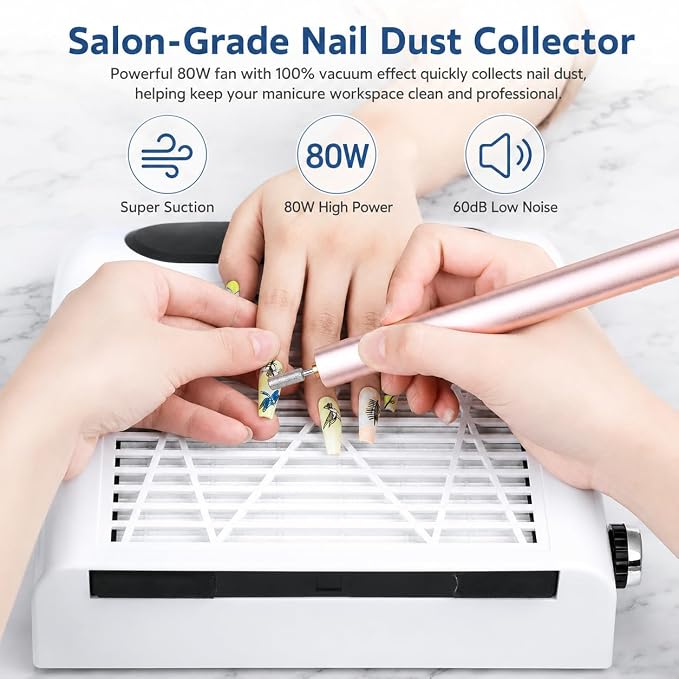 Biutee Nail Dust Collector 80W Adjustable Power Suction Nails Dust Vacuum | Nail Dust Cleaner with 2 Reusable Filter Nail Vacuum Cleaner Fan for Acrylic Nails Manicure Salon Home Use