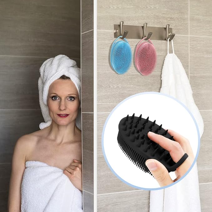 2 in 1 Silicone Body Scrubber Shampoo Brush, Shower Body Scrubber, Silicone Bath Scrubber,Exfoliating Body Scrubber, Scalp Massager, Silicone Loofah Body Scrubber,Rapid Foaming-3 Pack Black,Blue,Pink