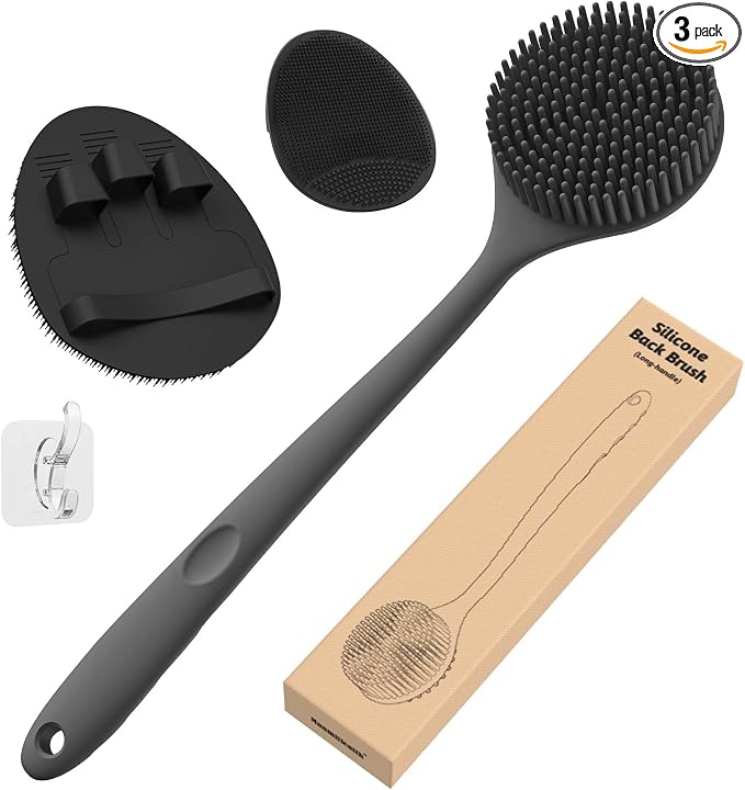 Manmihealth Silicone Body Scrubber & Face Brush Set Thick Bristles Black | 3PCS Super-Exfoliating & Lathering Back Scrubber, Shower Brush, Face Scrubber Combination, with a Free Hook