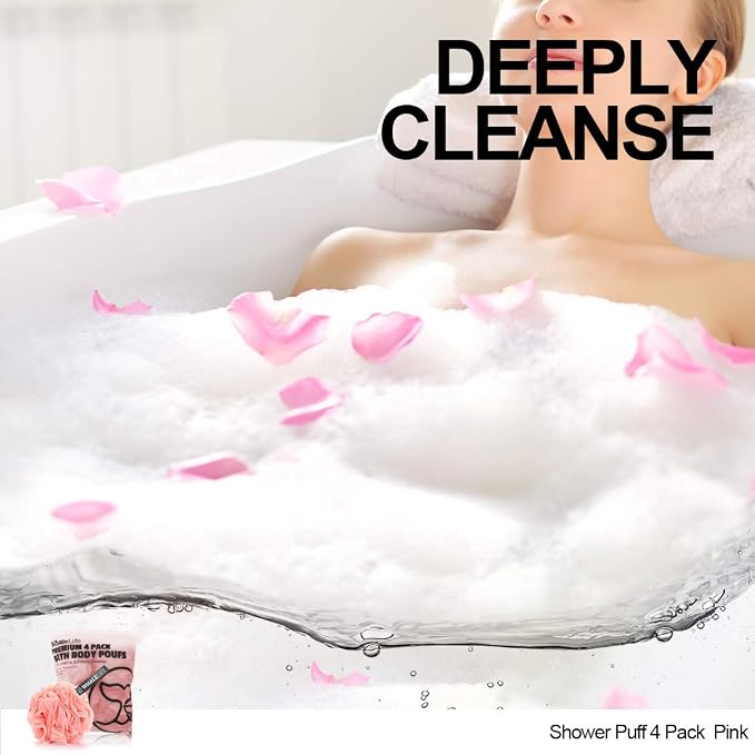 Bath Loofah Sponge for Shower Body Scrubber for Women Men 4-Pack Pink | 10X Suds Save Body Wash Double Knotted Anti Tear Core Fast Dry Cotton Loop Stay Fresh Large Mesh for Sensitive Skin