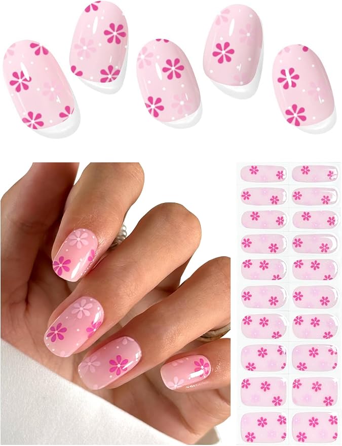 Semi Cured Gel Nail Strips (Hot Pink Daisy), 20 Pcs Gel Nail Wraps, Stickers, Salon Quality, Sun-Cured or UV-Cured