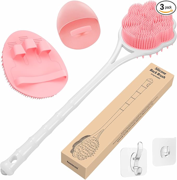Manmihealth 15.7" Cute Silicone Body Scrubber & Face Scrubber Set PinkSet | 3 PCS Paw-Shaped Silicone Back Shower Brush & Facial Scrubber with Super-Soft Bristles Combination