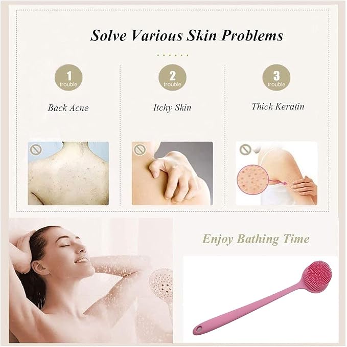Long Handle Silicone Body Scrubber for Shower, Dual-Sided Back Scrubber Brush with Soft Bristles&Massage Nodes, Exfoliating Bath Brush for Hard to Reach Areas, Easy to Clean & Quick Dry, for Daily Use