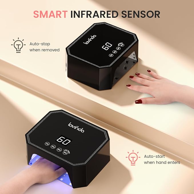 Lavinda 54W UV LED Nail Lamp – Plug-in Gel Nail Light with LCD Display, 4 Timers, Auto Sensor, Dual Wavelength, Nail Dryer for Home & Salon – Black