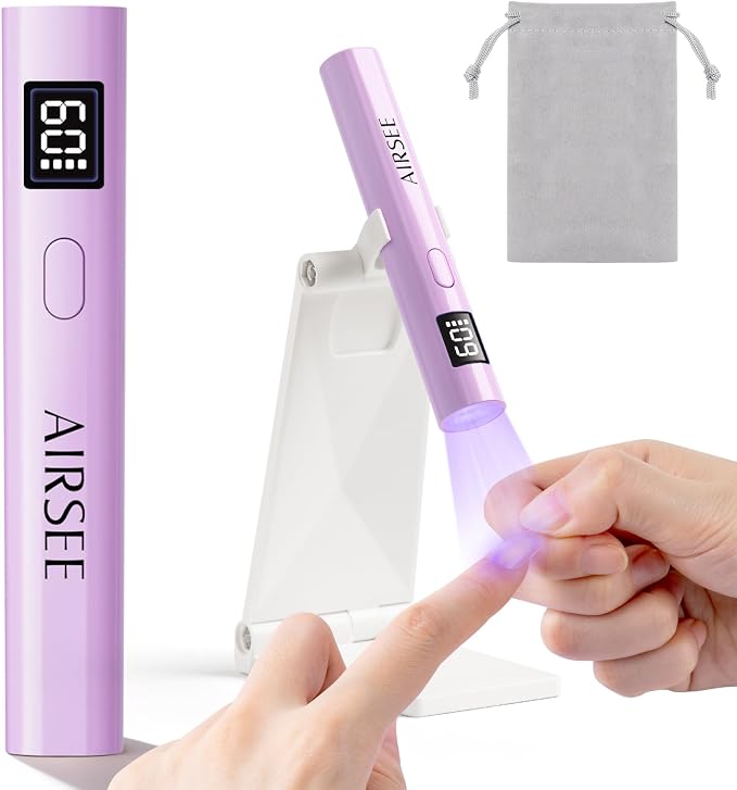 AIRSEE Mini Handheld UV Light with Storage Bag & Display,Purple-with Stand | Cordless Nail Lamps,2 Timers for Fast Cure All Soft Gels, Especially Rhinestone Glue and Gel Nail Strips at Home,Travel