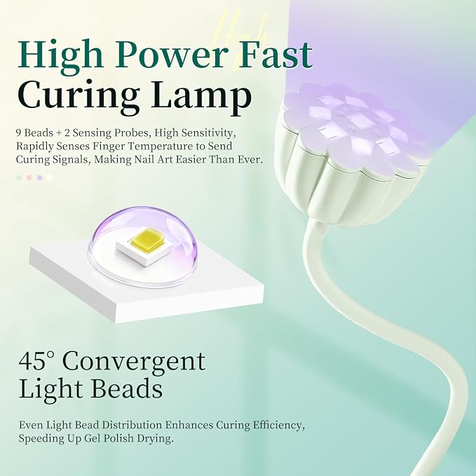 JODSONE Fast Curing U V Nail Lamp - Portable and Flexible Gooseneck Lamp with 360° Adjustable Design, Rechargeable LED Dryer for Gel Polish, Auto Sensor & 4 Timers, Home DIY Manicure Light Mint Green