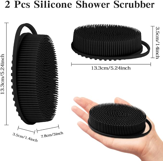 2 Pack Silicone Body Scrubber with Loofah Exfoliating Soft Body Shower Scrubber for Skin, 2 in 1 Bath and Shampoo Wash Brush for Skin Exfoliation Men Women (Black&Pink)