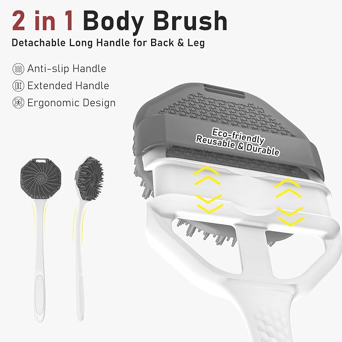 Back Scrubber for Shower 2 Pack, Silicone Scrub Brush with Long Handle & Unique Soft Body Scrubber, Detachable Body Brush Shower Lather Well Deep Clean Exfoliating for Women Men Sensitive Skin Gy&Pk