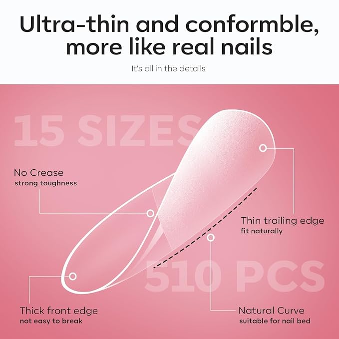 modelones X Nail Gel Kit,9-in-One Glue Prep Dehydrator & Portable Led Lamp | 15Sizes Pre-shaped Gel Nail Tips Short Almond Shape, 510Pcs Press On Extension Kit Gift for Women