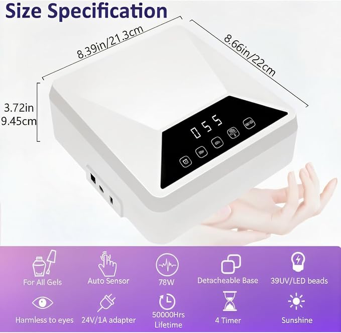 78W Plug in Nail Lamp, Professional Corded Nail Dryer for Gel Nails, UV LED Nail Lamp for Salon, Builder Gel & Press On Nails, Adjustable Stand for Hands & Feet, Toenail Curing Light