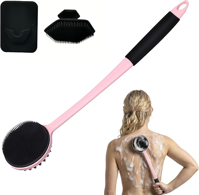 Back Silicone Rubber for Shower|17“ Curved Long Handle Body Brush|Dual-Sided Firm Exfoliating&Soft Bristles for for Men & Women|Silicone face Scrubber (Black face Brush and Pink Back Scrubber Set)