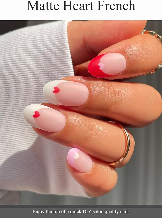Semi Cured Gel Nail Strips (Matte Heart French), Valentine's Day French, 20 Pcs Gel Nail Wraps, Stickers, Works with Any UV Lamps
