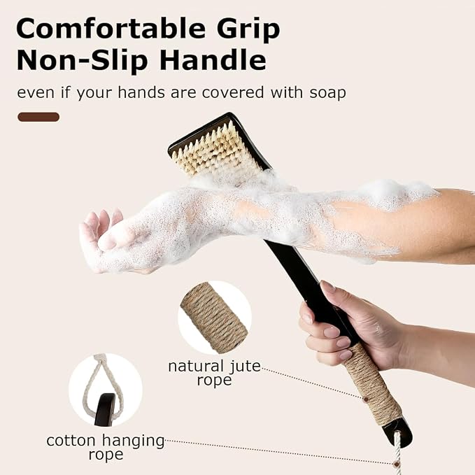 Shower Back Scrubber with Curved Long Handle, Medium-Hard Natural Boar Bristles Back Scrubber for Shower for Men and Women Exfoliator Set with Foot File (2 Pack)