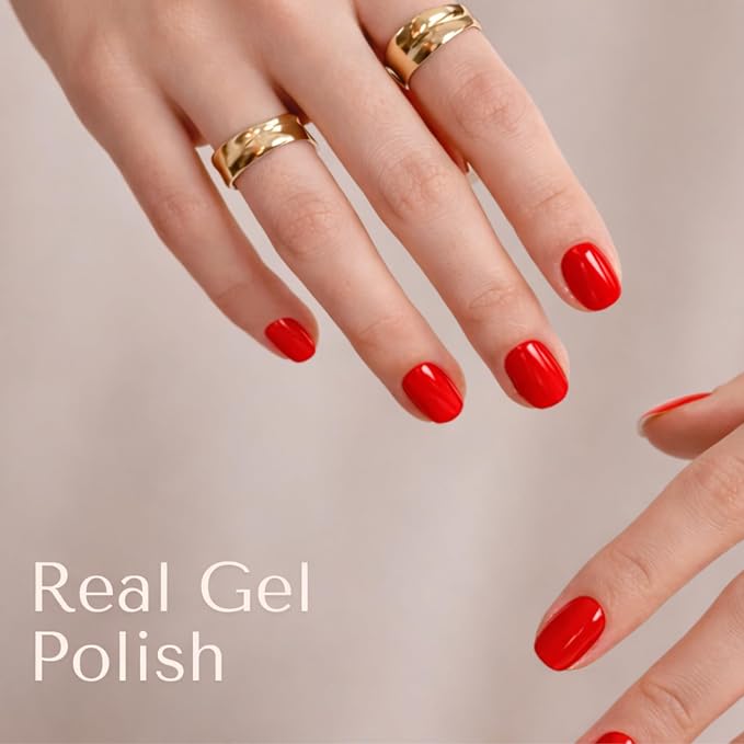 Semi Cured Gel Nail Strips Stickers Wraps | UV Nail Polish That Pops In Color (Red) For Women & Short Nails & Long Nails (Ami Amour)