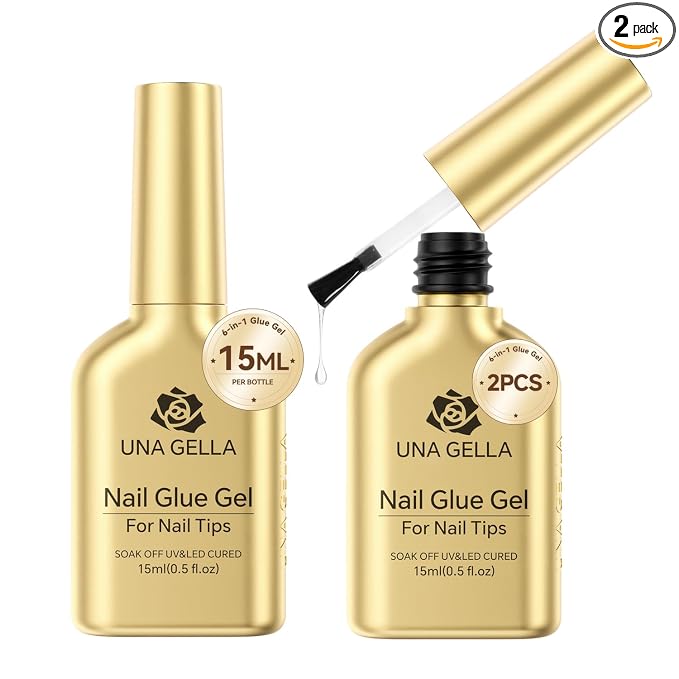UNA GELLA 6 in 1 Gel Nail Glue for Clear Acrylic Nails Tips 2Pcs 15ml | Super Strong Brush U V Nail Glue Long Lasting Lamp Curing Required for Fake Nails Tips