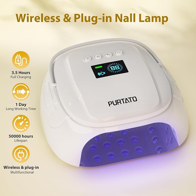 Purtato 126W Cordless Rechargeable UV LED Nail Lamp with Large Space, Handle and Foot Rest, Fast Curing Gel Nail Dryer with 4 Timers for Salon and Home (White)