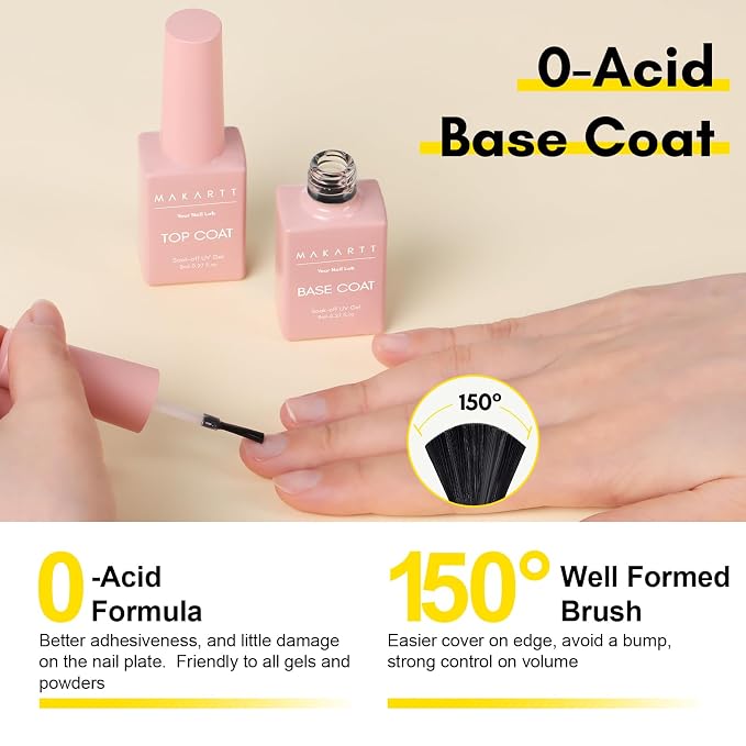 Makartt Gel Top Coat and Base Coat Set: 2 PCS No Wipe Clear Gloss Shiny | Clear, Stain Resistant, UV Top Coat Nail Polish for Acrylic Nails Dip Powder Gel Nail Polish Beauty Gift Salon at Home