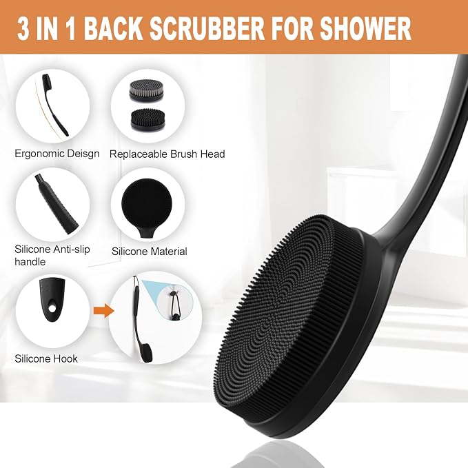 Long Handle Back Scrubber for Shower with 3 Interchangeable Heads-Black | Ergonomic Curved Handle,Non-Slip Silicone Grip,Premium Gift Box,Use for Back and Full Body,Cleansing and Exfoliating