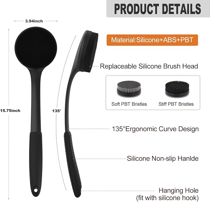Long Handle Back Scrubber for Shower with 3 Interchangeable Heads-Black | Ergonomic Curved Handle,Non-Slip Silicone Grip,Premium Gift Box,Use for Back and Full Body,Cleansing and Exfoliating