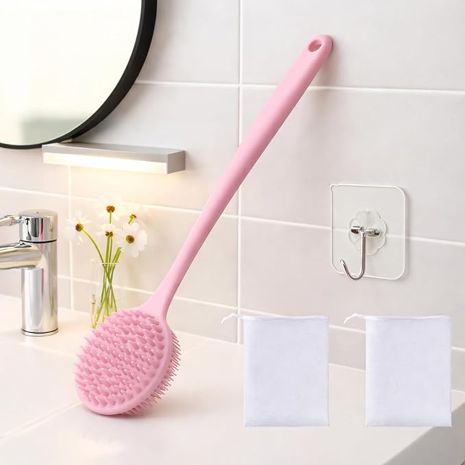 Silicone Body Scrubber for Shower Men Women – Dual-Sided Exfoliating & Massage Shower Brush with Long Handle, Creates Rich Lather, Includes 1 Hook & 2 Lather Balls (Pink).