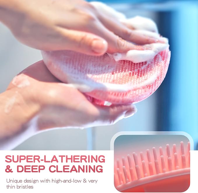Manmihealth Silicone Back Scrubber & Soft Bath Glove Set 2PCS Pink | Super-Exfoliating Body Scrubber & Super-Lathering Shower Brush Combination, Thick Bristles, with a Free Hook